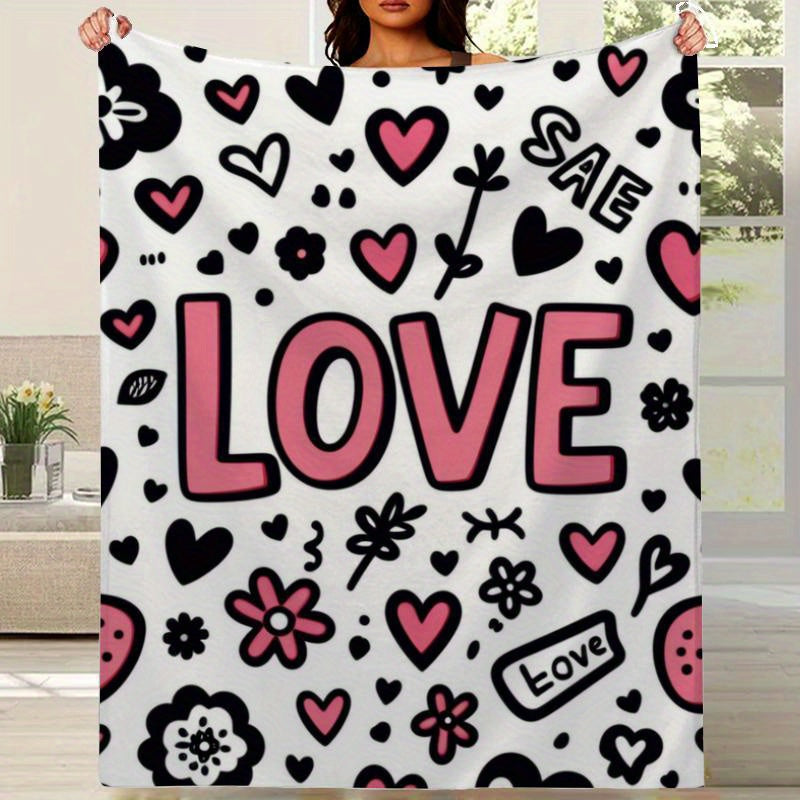 Couples' Cozy Flannel - Soft Pink & Black Love & Hearts Print All-Season Suitable for Romantic Nights, Valentine's Gift, Winter Warmth - Durable & Easy-Care for Sharing, Contemporary for Cold Nights, Christmas