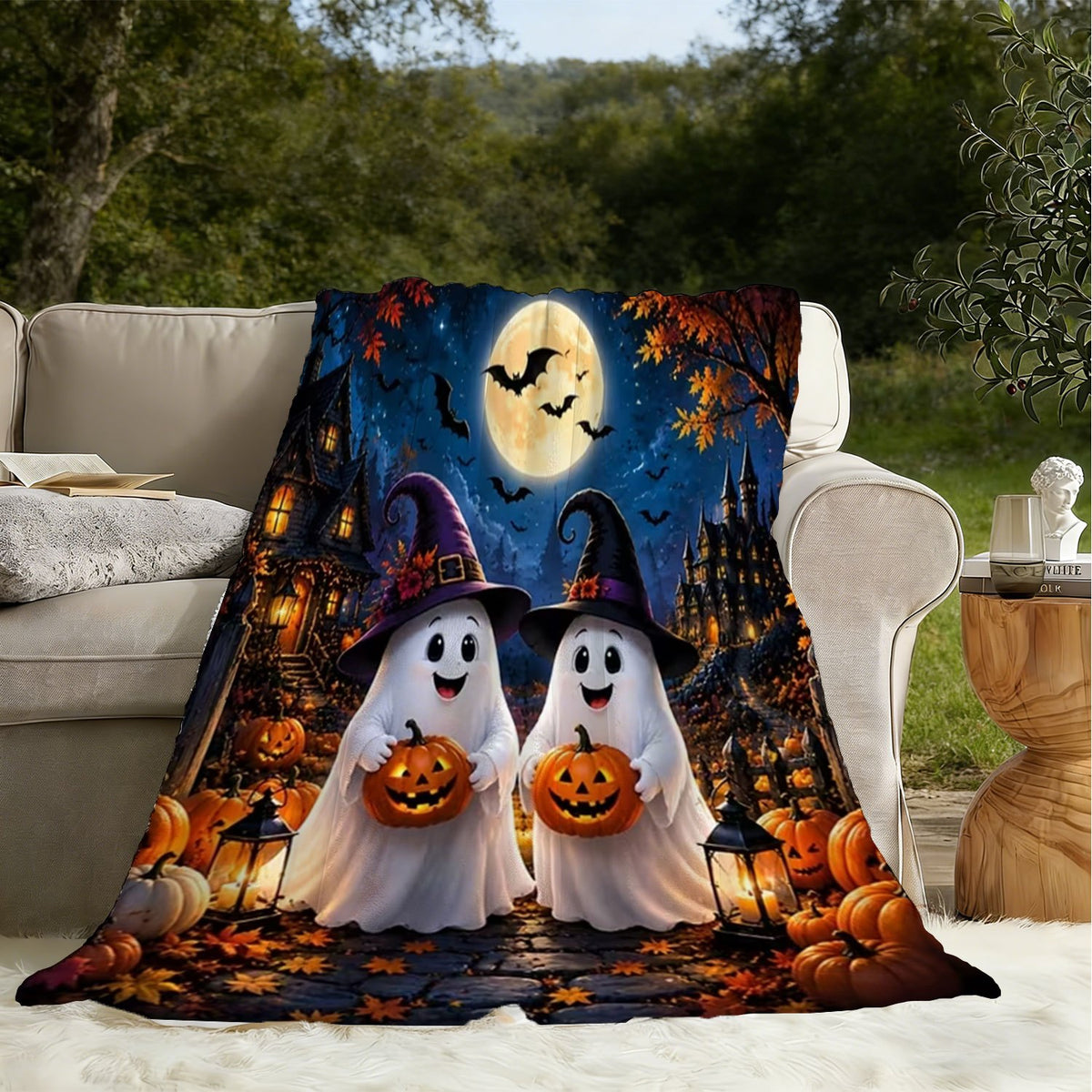 1pc Halloween Fleece Blanket, Soft Comfortable Throw Blanket with Pumpkin Ghost Bat Moon Pattern, Suitable for Office, Sofa, Living Room, Warm Decorative Item, Home Holiday Decor Gift