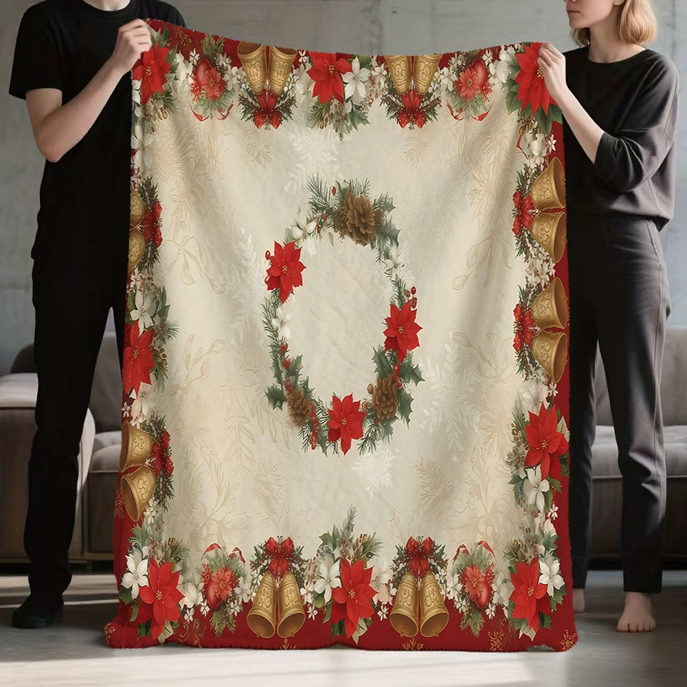 1 Christmas Wreath and Bell Pattern Flannel Blanket, Soft, Comfortable, and Warm, Red and White Design, All-season Universal Sofa Throw, Warm Cover Blanket, Multiple Sizes Available, Suitable for Living Room Sofas, Bedroom, Leisure Reading