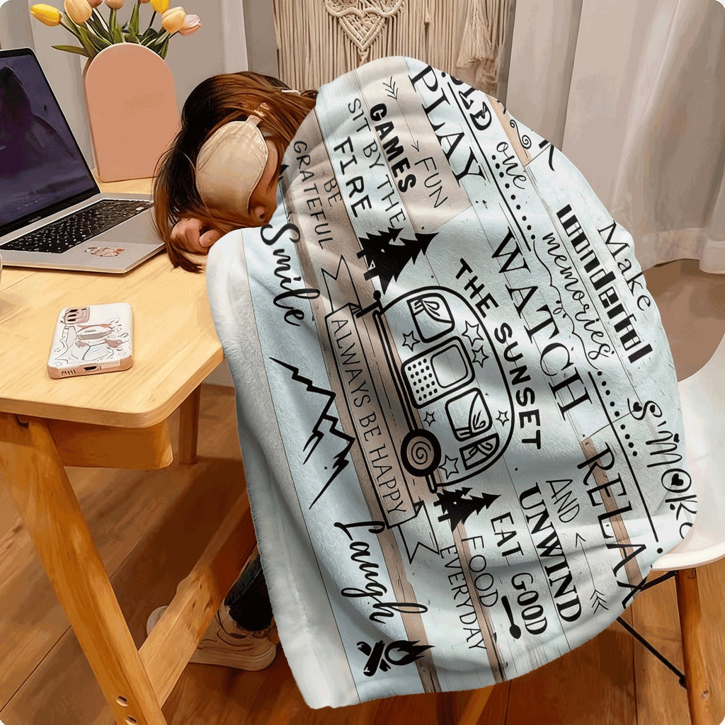 1pc Vintage Camping-Themed Flannel Blanket Soft All-Season Indoor Outdoor Throw with Retro Camper Pine Trees & Campfire Design Camping Rules Text Perfect for Sofa Camping Trips Ideal