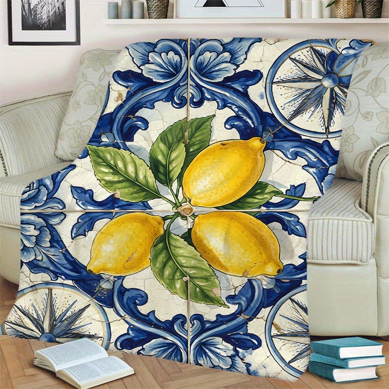 1pc Lemon Floral Pattern Blanket, Mediterranean Style Design, Soft Plush Surface, Lightweight and Durable Flannel Material, Multiple Sizes Available, Perfect for Holiday Gatherings, Living Room Lounging, Bedroom Warmth, Study Reading, Seasonal Home