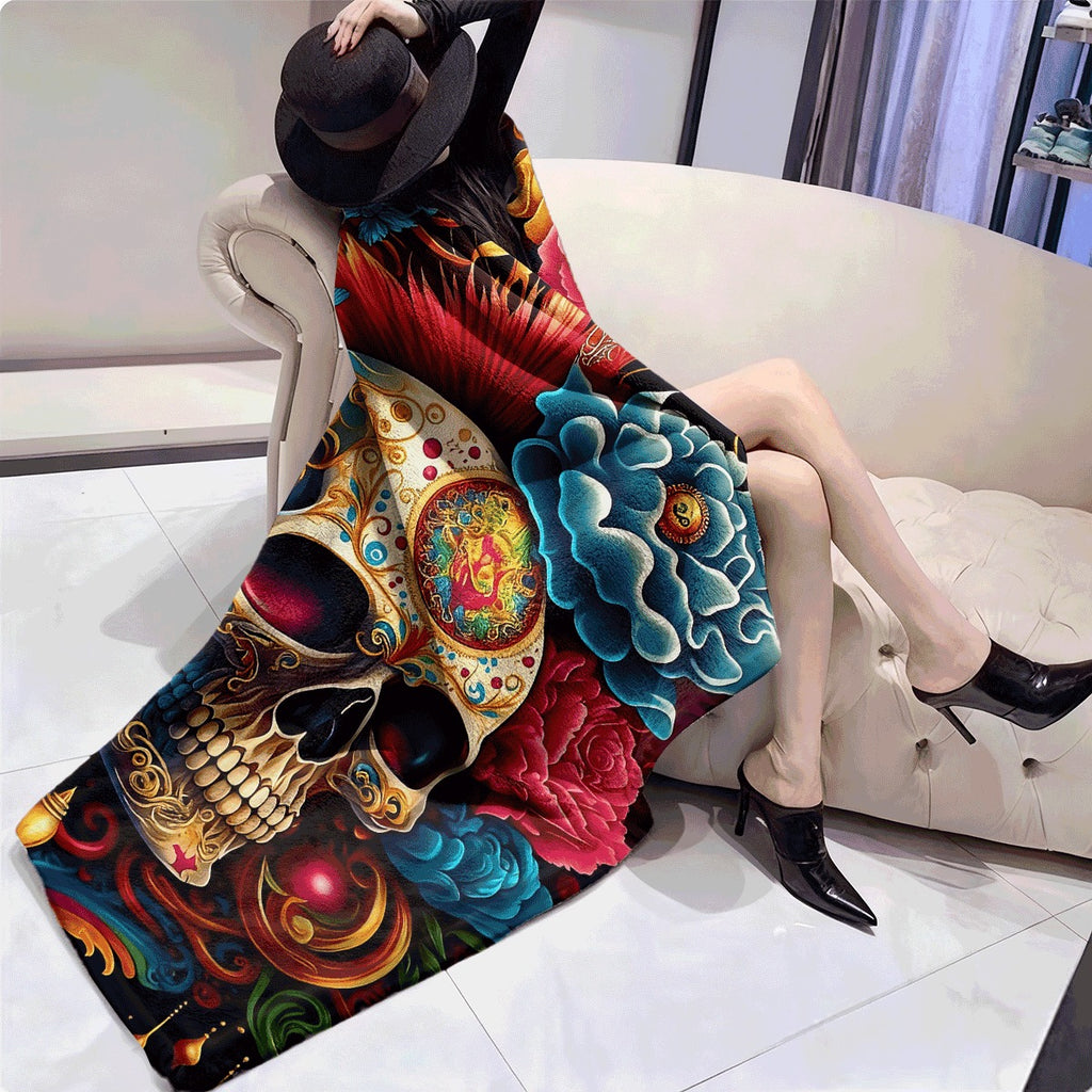 1pc Colorful Sugar Skull Flannel Blanket Vibrant Floral And Ornate Skull Design Cozy Soft Flannel Material for Sofa All-Season Comfort Decor Throw