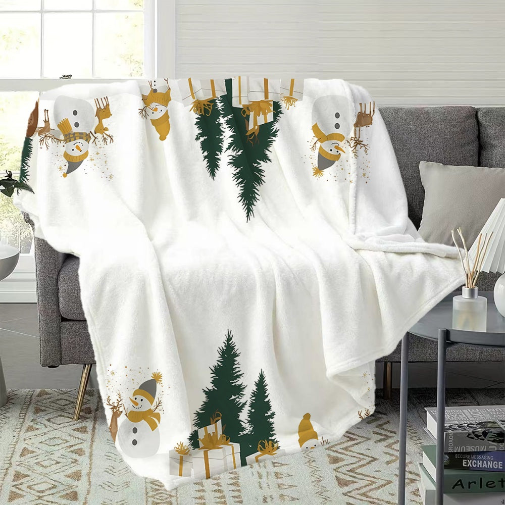 1pc Christmas Snowman And Pine Tree Pattern White Flannel Blanket, Soft Comfortable Warm, Easy Design, All-Season Blanket, Warm Cover, Multiple Sizes Available, Suitable for Living Room Sofa, Bedroom, Reading Area, Rest Area, And