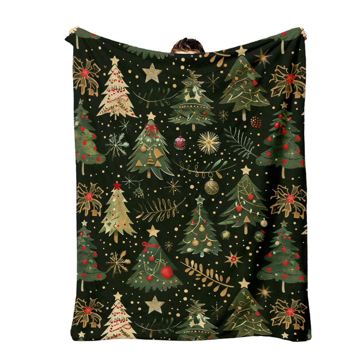 1pc Christmas Tree And Golden Star Pattern Black Flannel Oversized Blanket, Festive Winter Decor Design, Large Throw Blanket, Durable Plush, All-Season Use, Suitable for RV Travel, Camping Leisure, Movie Entertainment