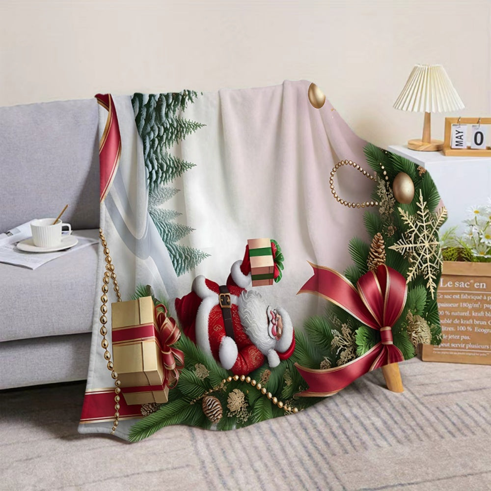 1pc, Santa Claus And Pine Branch Decor Flannel Blanket, Soft Comfortable Warm, Red And Golden Main Colors, Durable Plush Surface, All-Season Sofa Blanket, Warm Cover Blanket, Multiple Sizes Available, Suitable for Living Room Sofas, Bedroom