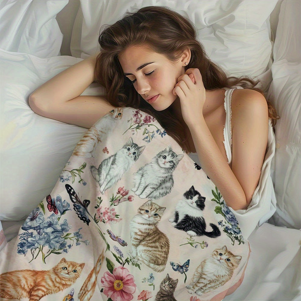 1pc Cozy Soft Fluffy Fleece Throw Blanket with Cute Cats And Floral Design - Light Pink Background, 250-300Gsm Polyester, Perfect for Couch, Sofa, Bed, Living Room - All-Season Comfort, Ideal Gift, Cat