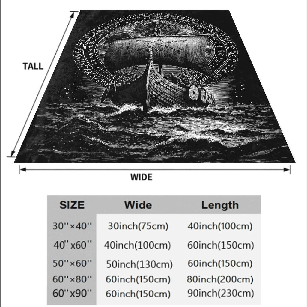 1pc Viking Longship with Runes Black White Engraved Soft Flannel Blanket Dark Norse Style Nautical Decor Throw for Couch Cozy Fleece Fabric All-Season Warm Cover