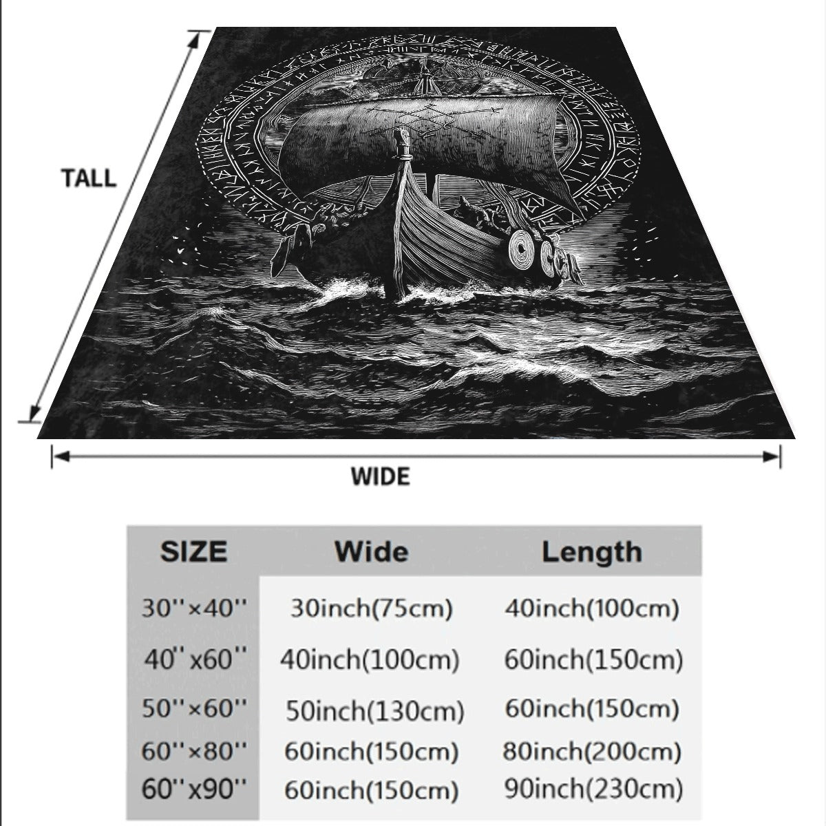 1pc Viking Longship with Runes Black White Engraved Soft Flannel Blanket Dark Norse Style Nautical Decor Throw for Couch Cozy Fleece Fabric All-Season Warm Cover