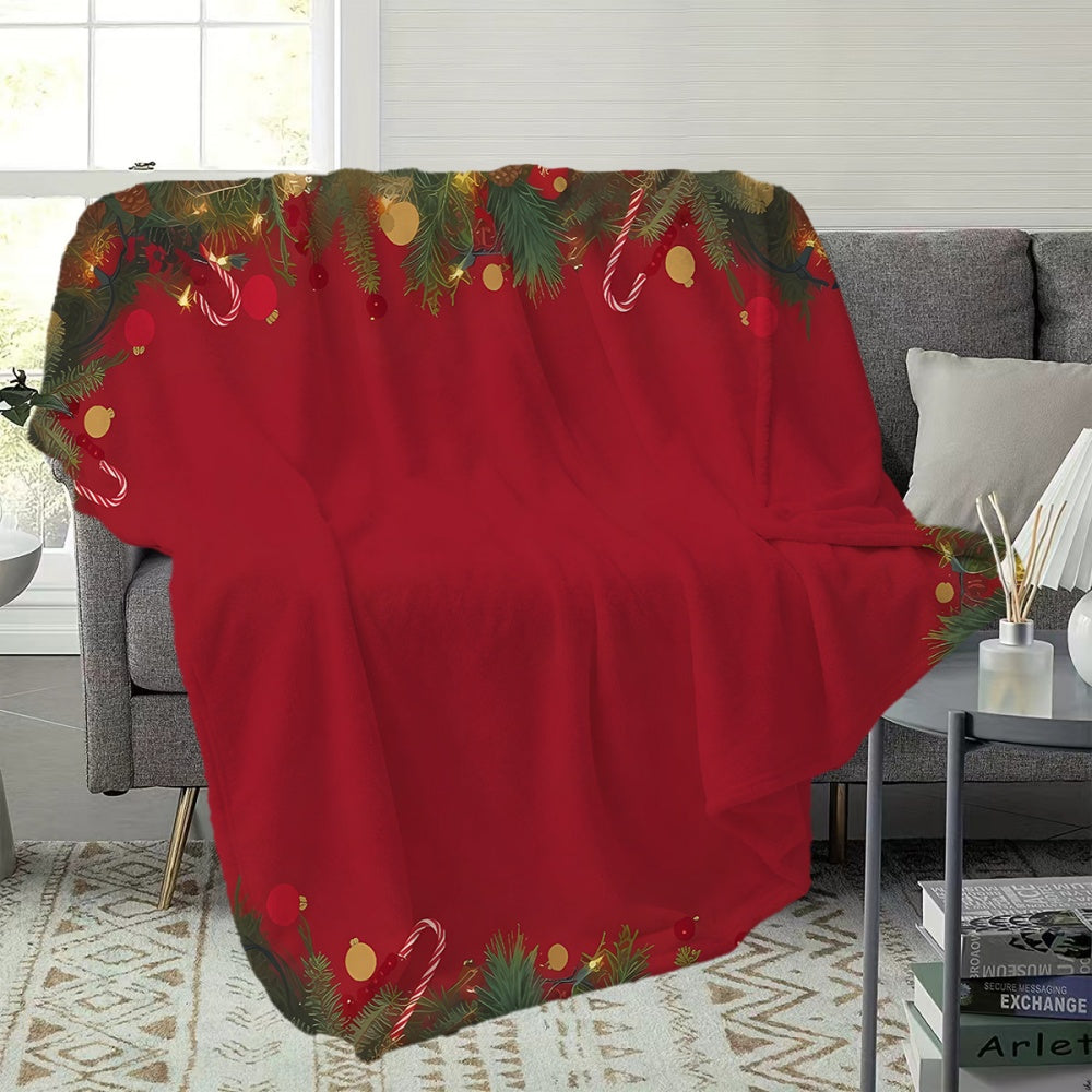 1pc Christmas Holiday Pine Branch Candy Pattern Red Flannel Blanket, Soft Comfortable Warm, Main Color Red Design, All-Season Blanket, Warm Cover, Multiple Sizes Available, Suitable for Living Room Sofa, Bedroom, Casual Reading