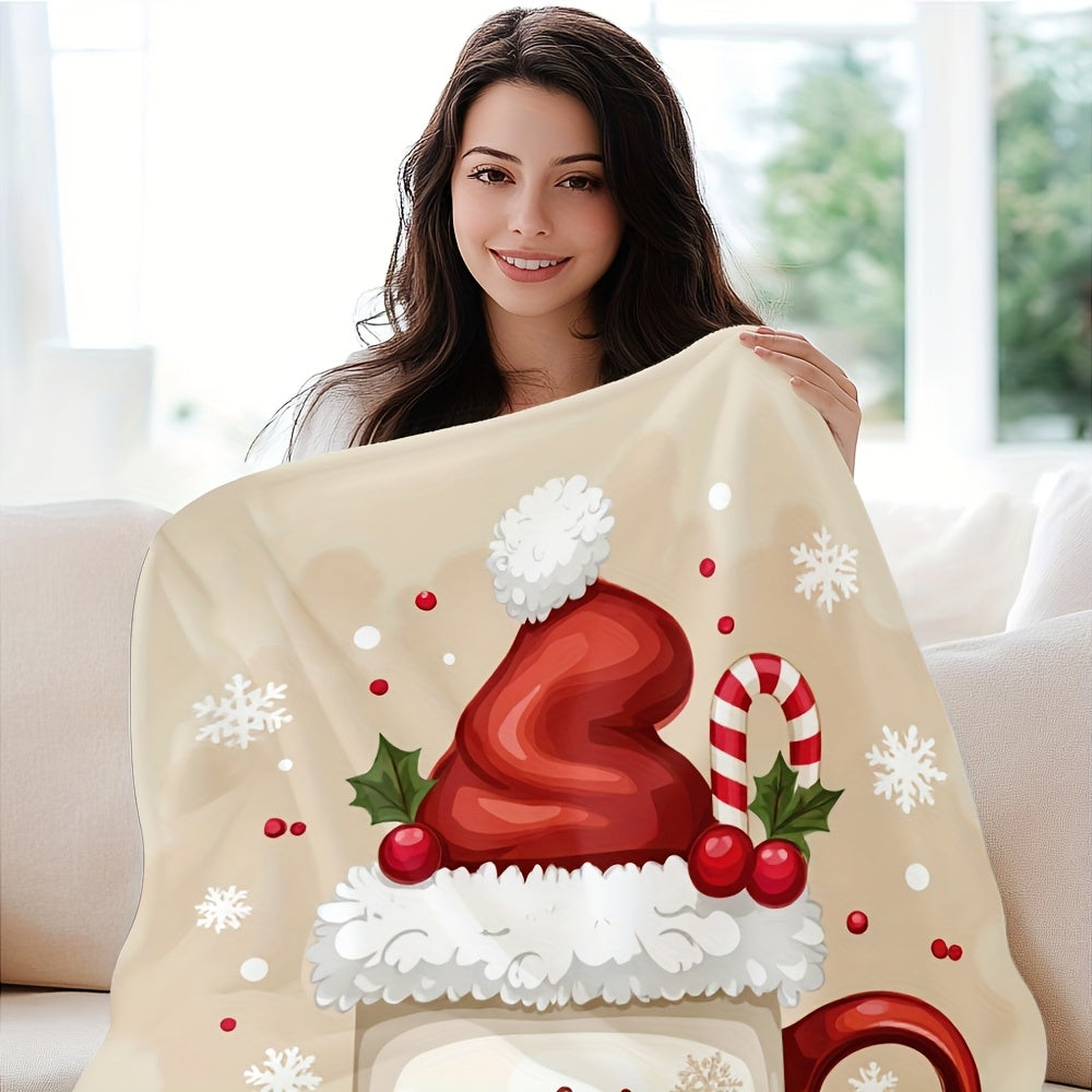 1pc Christmas Gingerbread Hot Cocoa Throw Blanket, Santa Hat And Gingerbread Print Design, Full-Size Blanket, Soft Fleece Velvet, Lightweight And Durable, Multi-Size Available, Suitable for Christmas Decor, Outdoor Leisure, Living Room Sofa