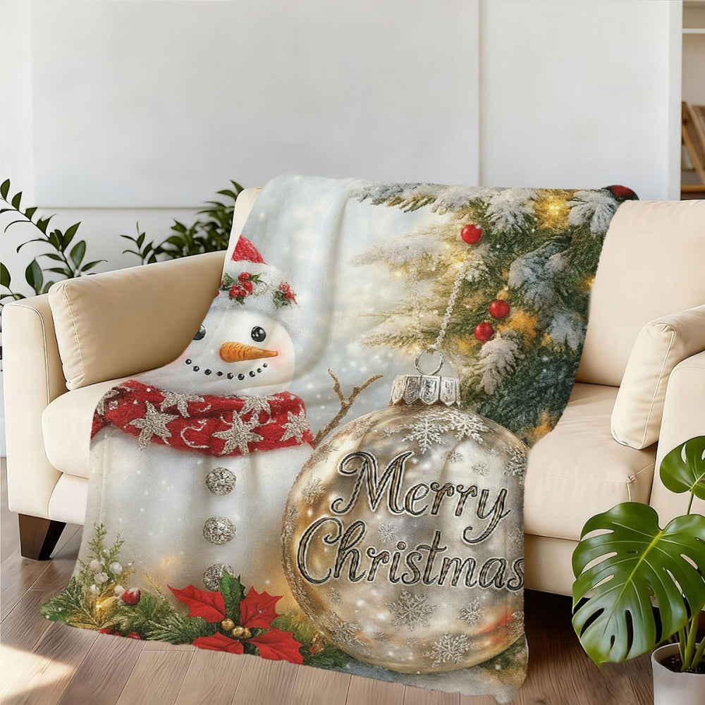 1pc, 2D Flat Snowman And Christmas Ball Pattern Flannel Blanket, Soft Comfortable Warm, White Holiday Design, Durable Plush, All Seasons, Warm Cover, Suitable for Bedroom Bed End Decor, Weekend Sofa Nap, Dormitory Life