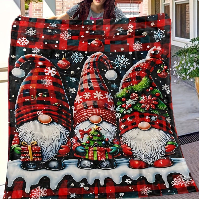 1pc Christmas Gingerbread Man And Snow Sprite Pattern Black Red Main Color Flannel Large Blanket, Multi-Size Full-Size Blanket, Christmas Winter Decor Design, Suitable for Holiday Home Decor, Reading Time, Dorm Life