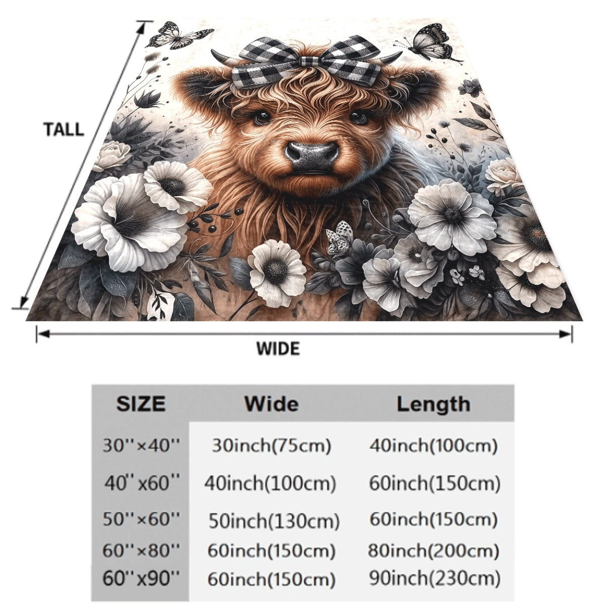 1pc an Adorable Highland Cow Plaid Throw Featuring a Bow Design, with a Black And White Butterfly And Floral Pattern. This Stylish, Cozy, And Warm Blanket Is Perfect for Any Season And Makes a Versatile Gift