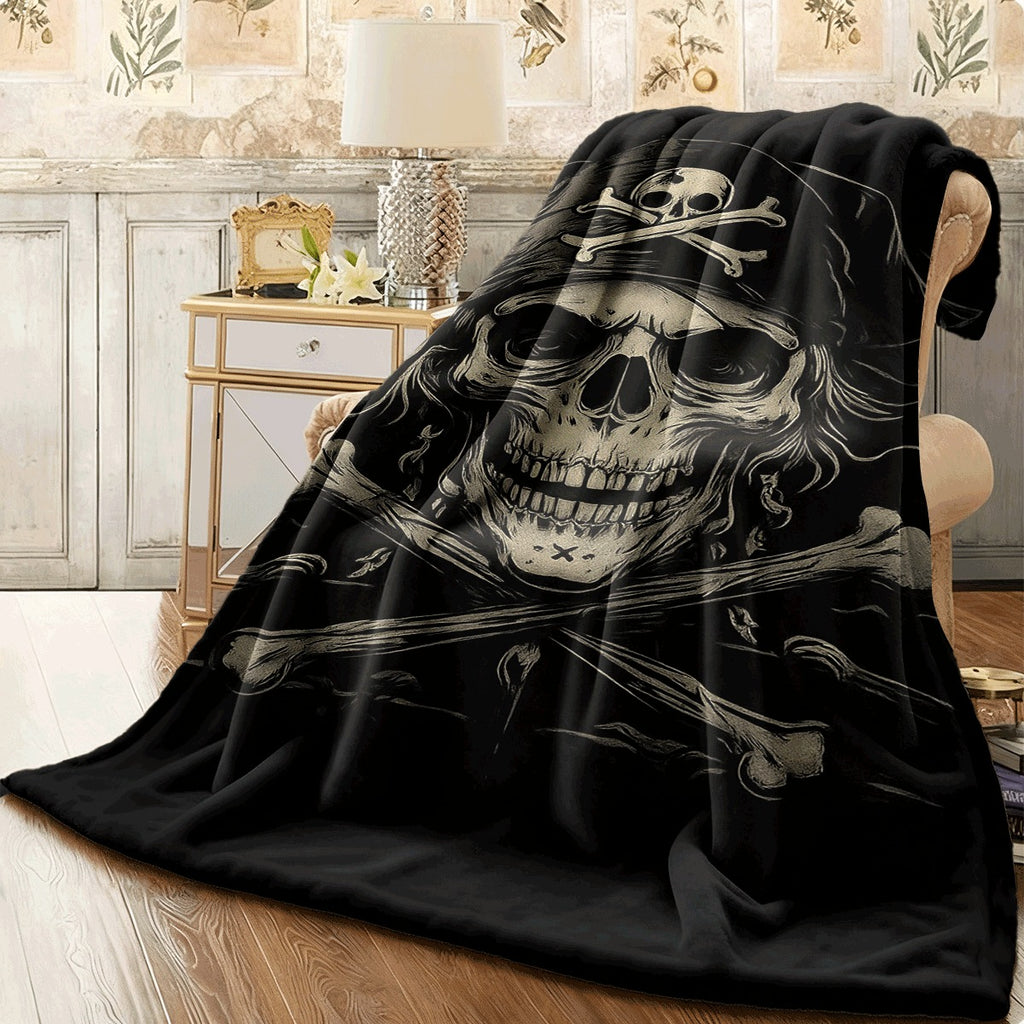 1pc Pirate Skull Pattern Soft Polyester Blanket Comfortable Warm Machine-Washable Throw for Sofa Picnic Travel Rectangle Shape Perfect for Pets and Holiday Gift
