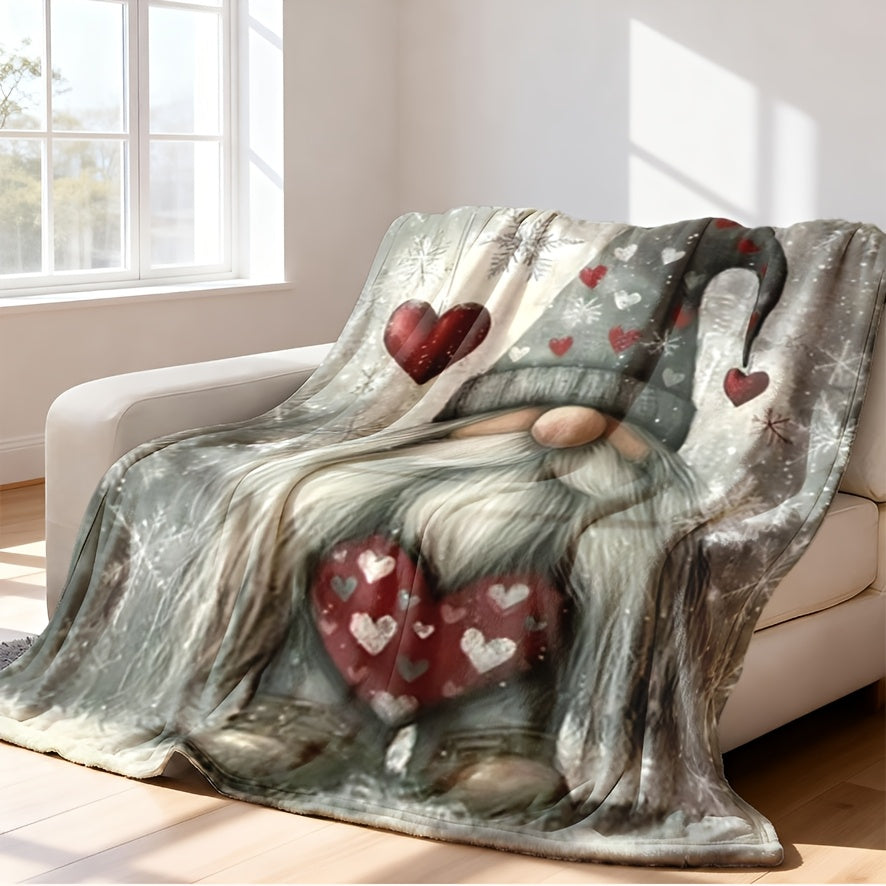 1pc Charming Christmas Gnome Flannel Blanket - Fantasy Theme with Playful Gnomes, Hearts, and Snowflake Patterns, All-season Machine-washable Polyester Fiber, Multi-purpose for Home Decor, Camping, Travel, Office - Mixed Colors, Travel Blanket |