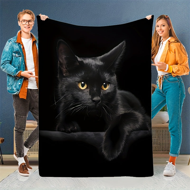 1pc Black Cat Print Blanket, Simple and Elegant Throw Blanket, Super Warm Soft and Comfortable Flannel Blanket, Multiple Sizes Available, Suitable for Living Room, Bedroom, Sofa, Office