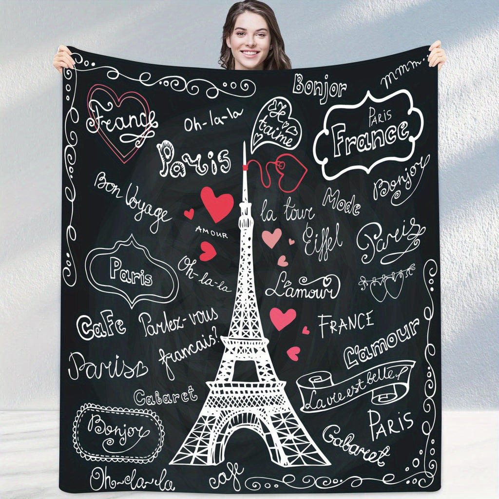 1pc Eiffel Tower with French-Style Romantic Handwritten Font Pattern Flannel Blanket, Soft, Comfortable, and Warm, with a Black Background and White Print Design, Durable Plush Surface, All-season Universal Sofa Throw, Warm Lap Blanket