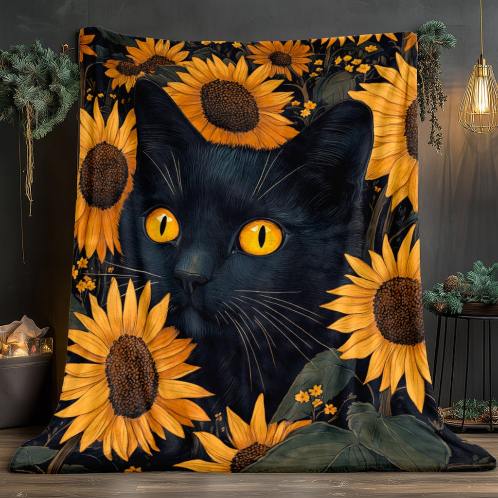 1pc Black Cat & Sunflowers HD Printed Flannel Blanket - All-Season Soft Lightweight Throw for Camping, Travel, Home, Office - Contemporary Anime Design Cozy Gift, Travel Blanket, Vibrant Design, Durable Fabric