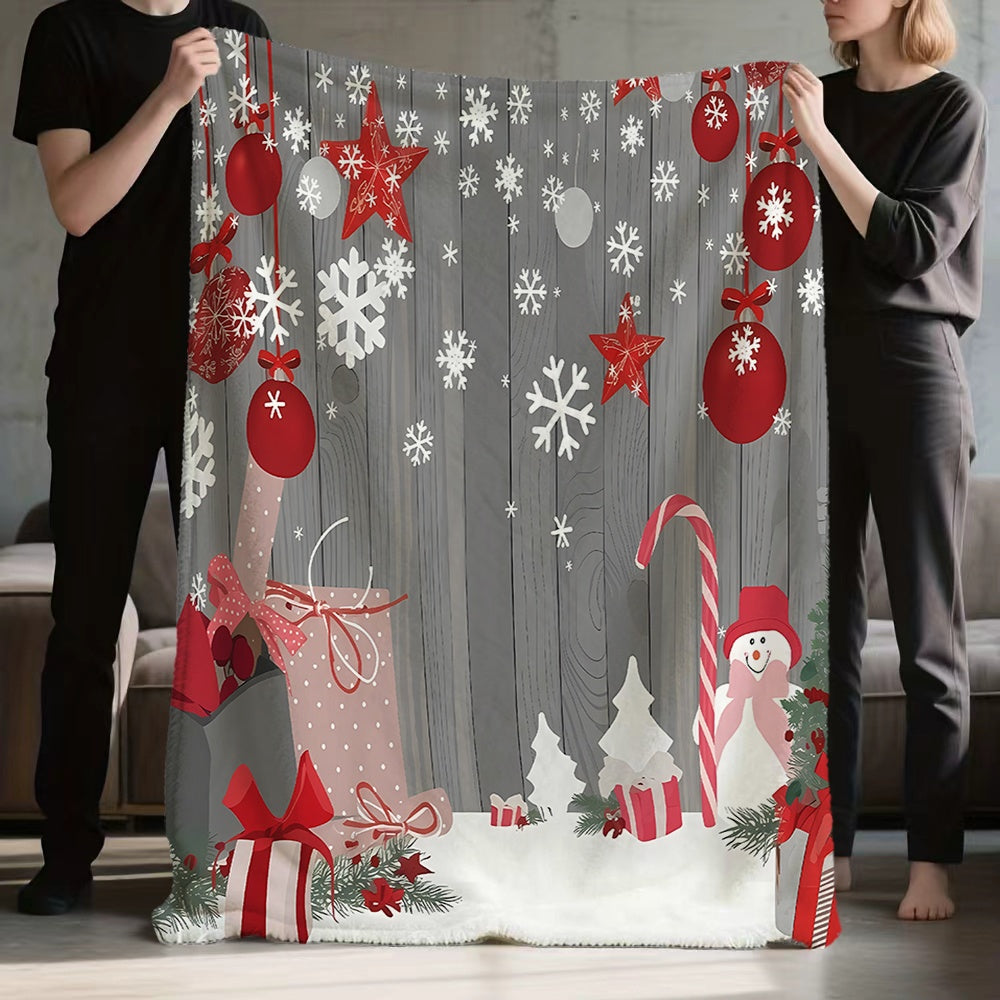 1pc Christmas Red And White Snowflake Pattern Flannel Blanket, Soft Comfortable Warm, Gray Wood Grain Design, All-Season Sofa Blanket, Warm Throw Blanket, Multiple Sizes Available, Suitable for Living Room Sofa, Bedroom, Reading Corner