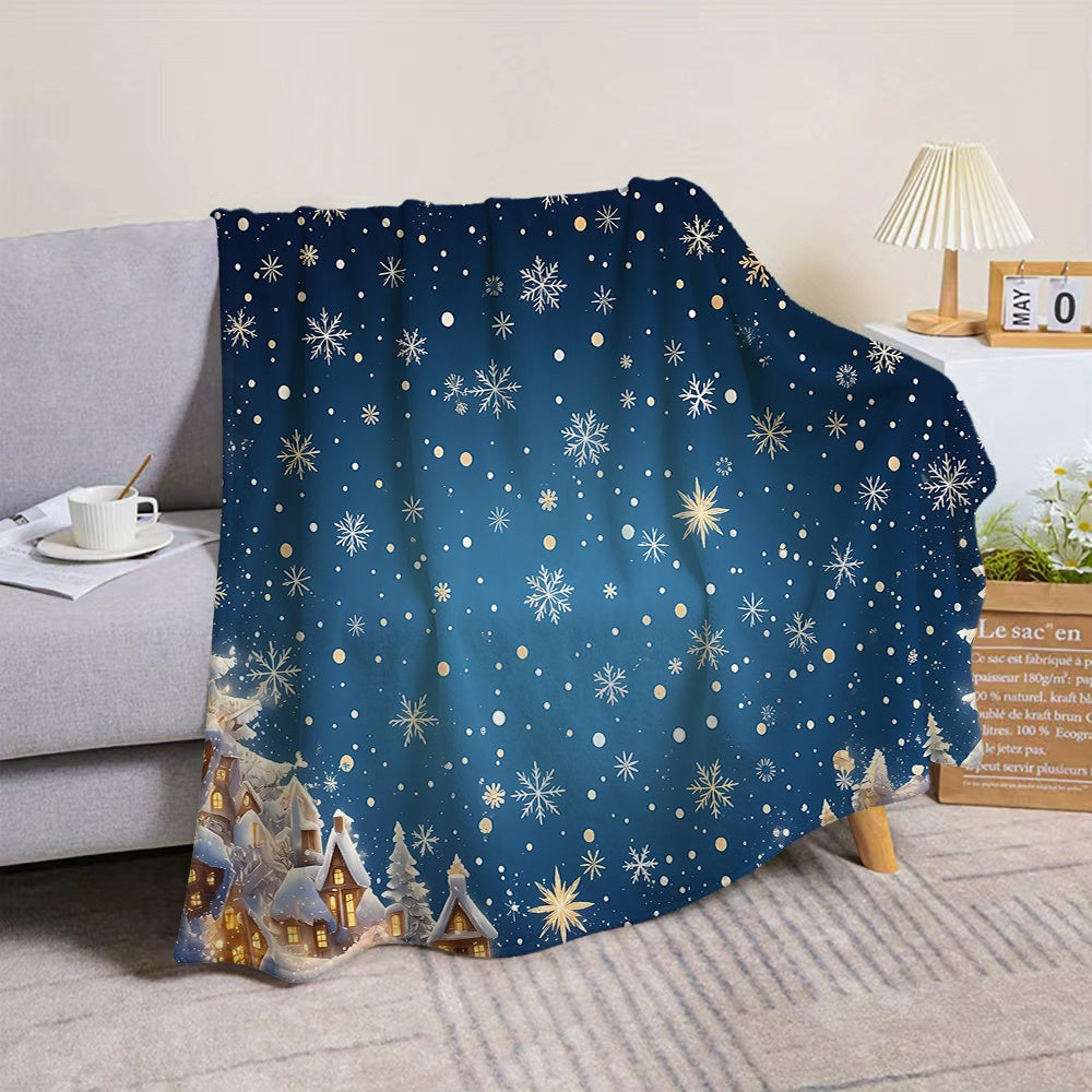 1pc Christmas Snowflake and Cottage Pattern Blue Gradient Flannel Blanket, Soft, Comfortable, and Warm, Winter Design, All-season Universal Sofa Throw, Warm Lap Blanket, Multiple Sizes Available, Suitable for Living Room Sofas, Bedroom