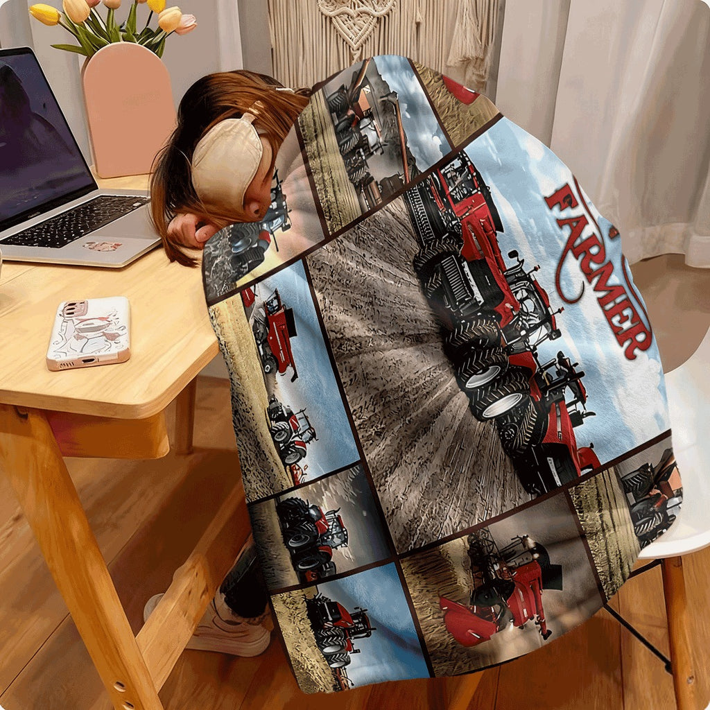 1pc Allseason Blanket Vibrant Red Agricultural Machinery Collage Flannel Throw with I Am A Farmer Text Cozy Soft Sofa Blanket Farm Theme Decor