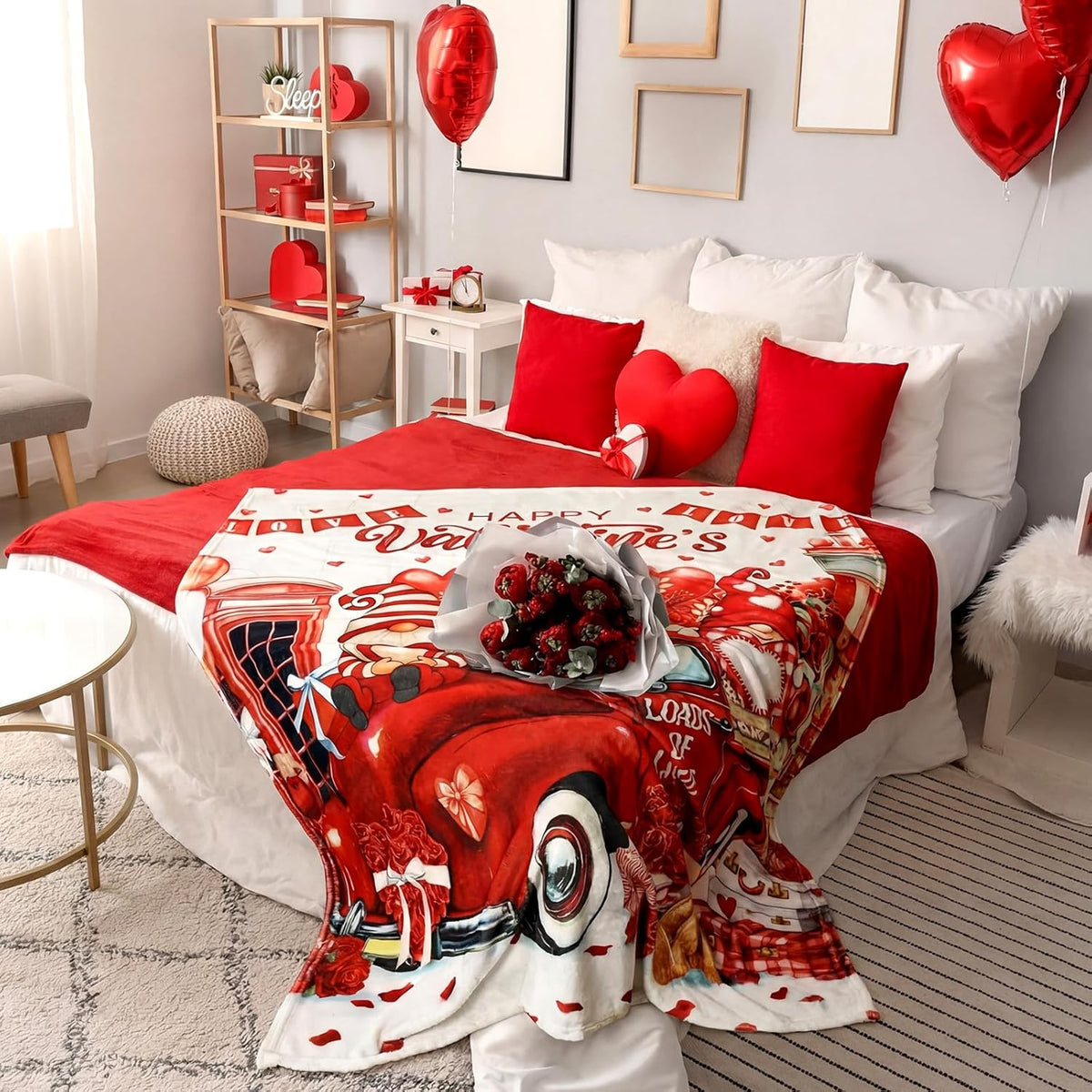 Breling Happy Valentine's Day Throw Flannel Blanket Red Truck Heart Cozy Fuzzy Warm Throw Blanket with Valentine's Themed Print Gift for Couch Sofa Bed Home Decor 60x50