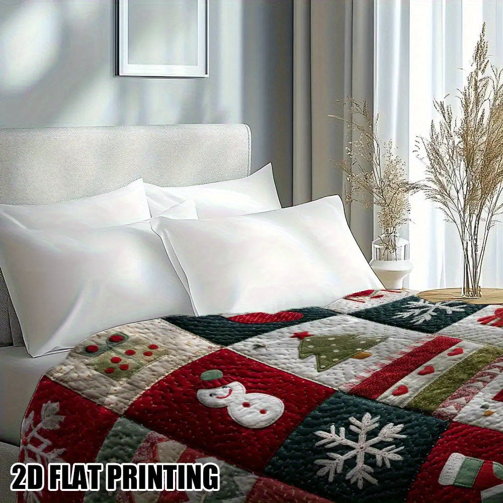 Cozy Christmas Quilt Print Flannel Throw Blanket- Soft, Warm, and Festive Design with Snowmen, Trees, and Holiday Decor- Perfect for Sofa, Bed, Chair, Living Room, or Office- Ideal Gift, Shipped Next Day, 280gsm, Christmas Decorations for Home