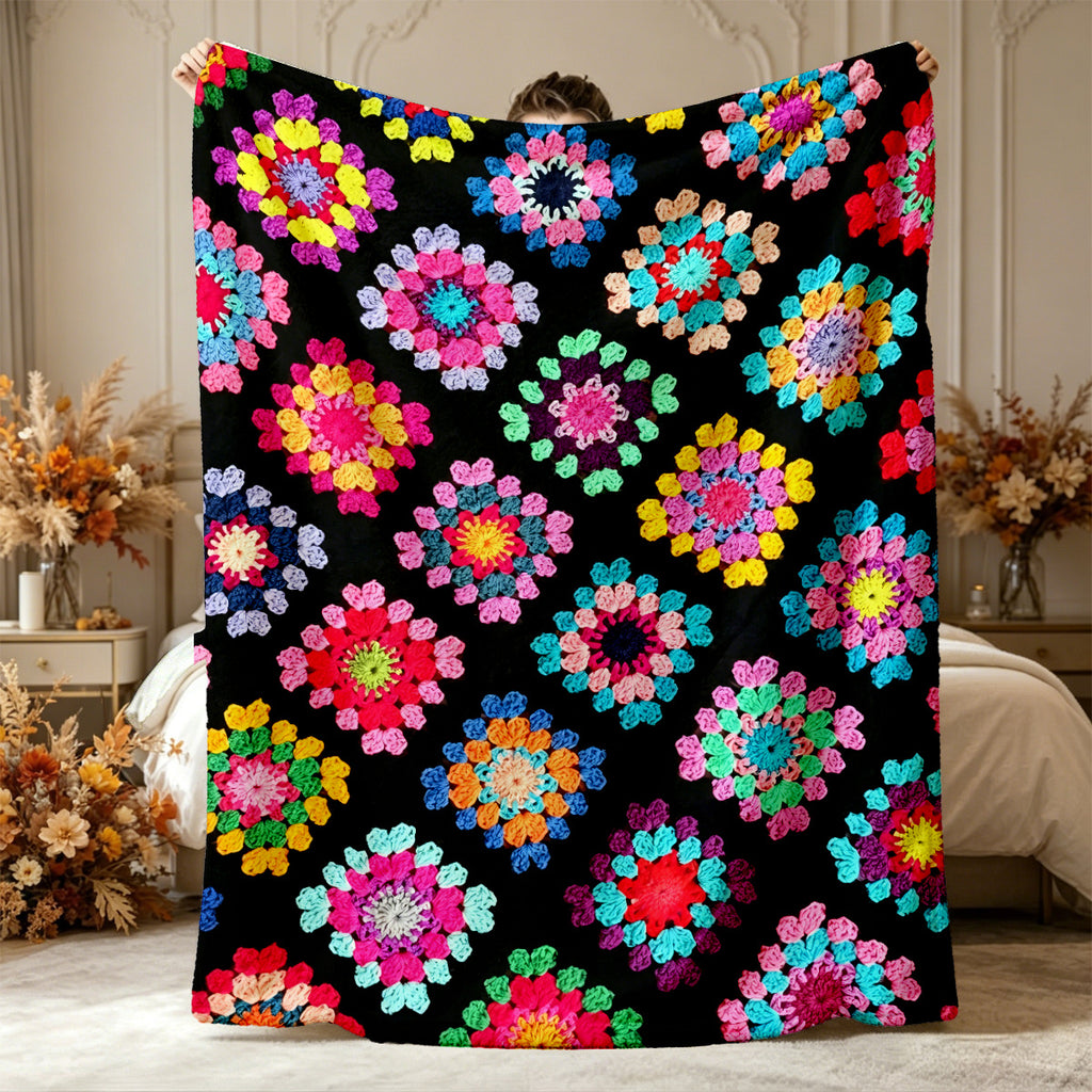1pc/Black Background Multicolor Crochet Grandma Plaid Floral Full Print Retro Ethnic Style Printed Fleece Blanket, Soft Warm Lightweight, All Seasons, Machine Washable - Suitable for Sofa, Bed, Travel, Camping, Living Room