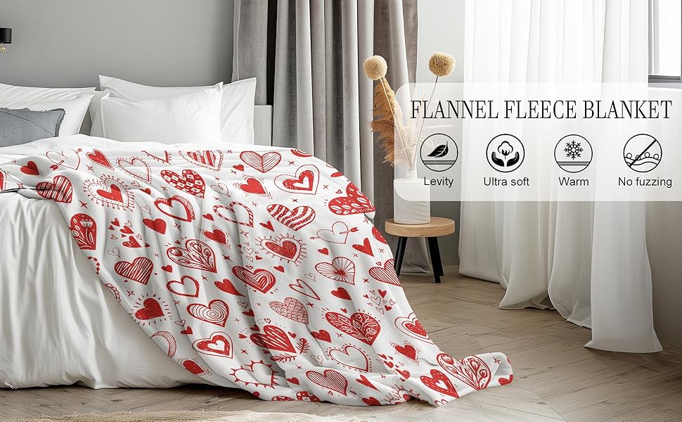 Glawry Valentine's Day Throw Blanket for, 50x60 Inch, Red and White Hearts Romantic Romance Holiday Cute Modern Graffiti for Lovers Couples Soft Cozy Flannel Blankets for Sofa Couch Chair
