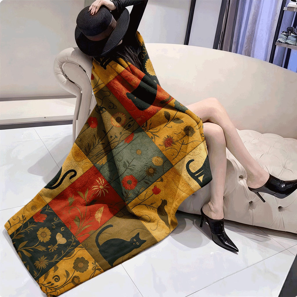 1pc Cat-Themed Patchwork Digital Print Fleece Blanket Made of 100% Fiber Suitable for All Seasons Lightweight And Warm Perfect for S Sofas And More Showcasing a Cute Style That Conveys a H