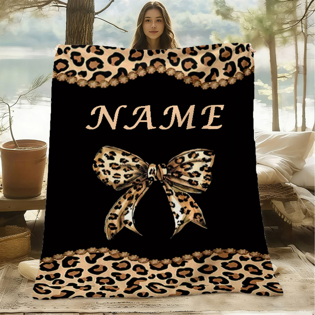 Personalized Custom Name Blanket, Leopard Print Bow-Tail Fleece Blanket, Gift for Outdoor Enthusiasts, All-Season Gift Blanket, Suitable for Home And Travel, Comfortable Personalized Blanket, Ideal Holiday Gift for Family And Friends