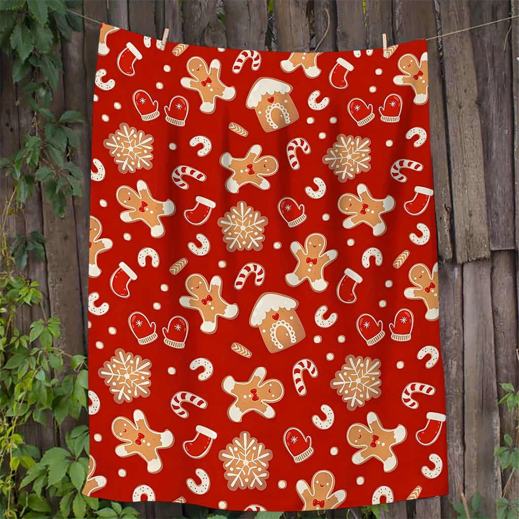 1pc Christmas Gingerbread Print Blanket, Festive Cozy Throw Blanket, Super Warm Soft and Comfortable Flannel Blanket, Multiple Sizes Available, Suitable for Living Room, Bedroom, Sofa, Bedside