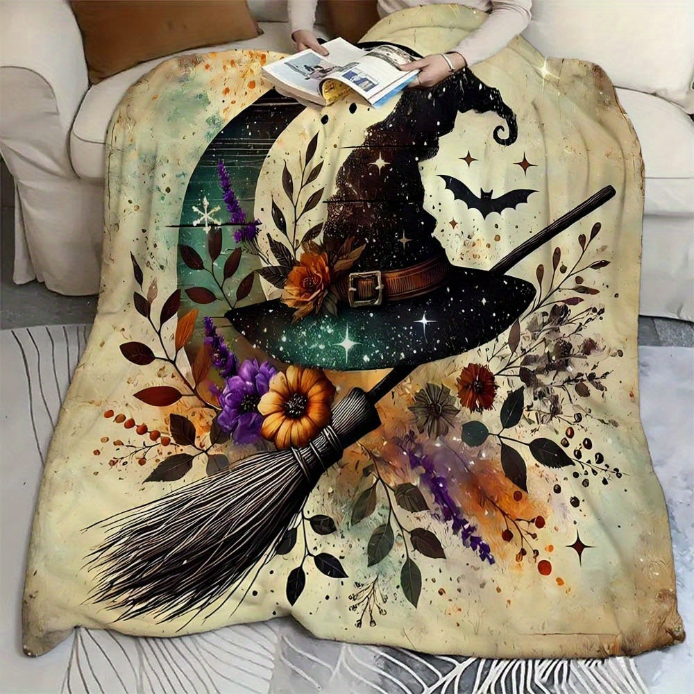1pc Halloween Witch Hat Blanket, Witch Hat Printed Design, Body Cover Blanket, Soft Fleece Plush, Lightweight And Durable, Multi-Size Available, Suitable for Holiday Decor, Living Room Leisure, Bedroom Warmth, Party Decoration
