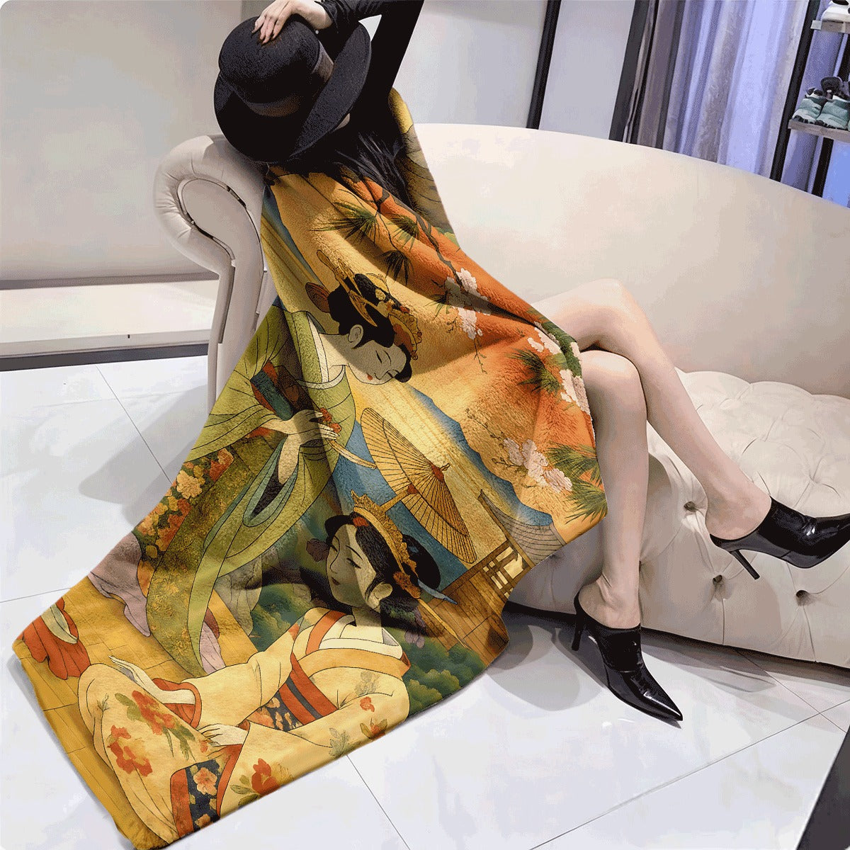 1pc Japanese Traditional Geisha Flannel Blanket Vintage Ukiyo-e Style with Cherry Blossoms & Scenic Backdrop Soft Cozy All-Season Throw for Home Decor Sofa Couch Cover
