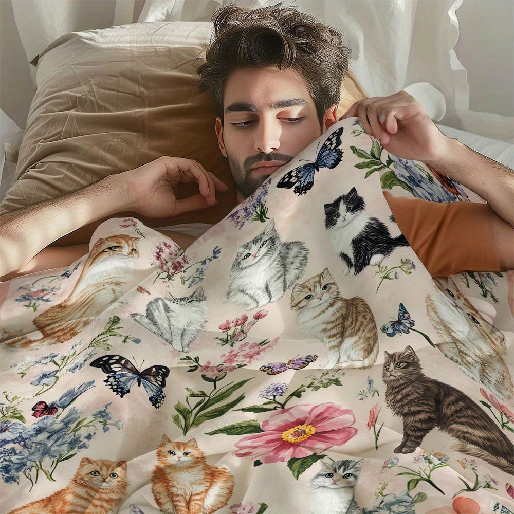 1pc Cozy Soft Fluffy Fleece Throw Blanket with Cute Cats And Floral Design - Light Pink Background, 250-300Gsm Polyester, Perfect for Couch, Sofa, Bed, Living Room - All-Season Comfort, Ideal Gift, Cat