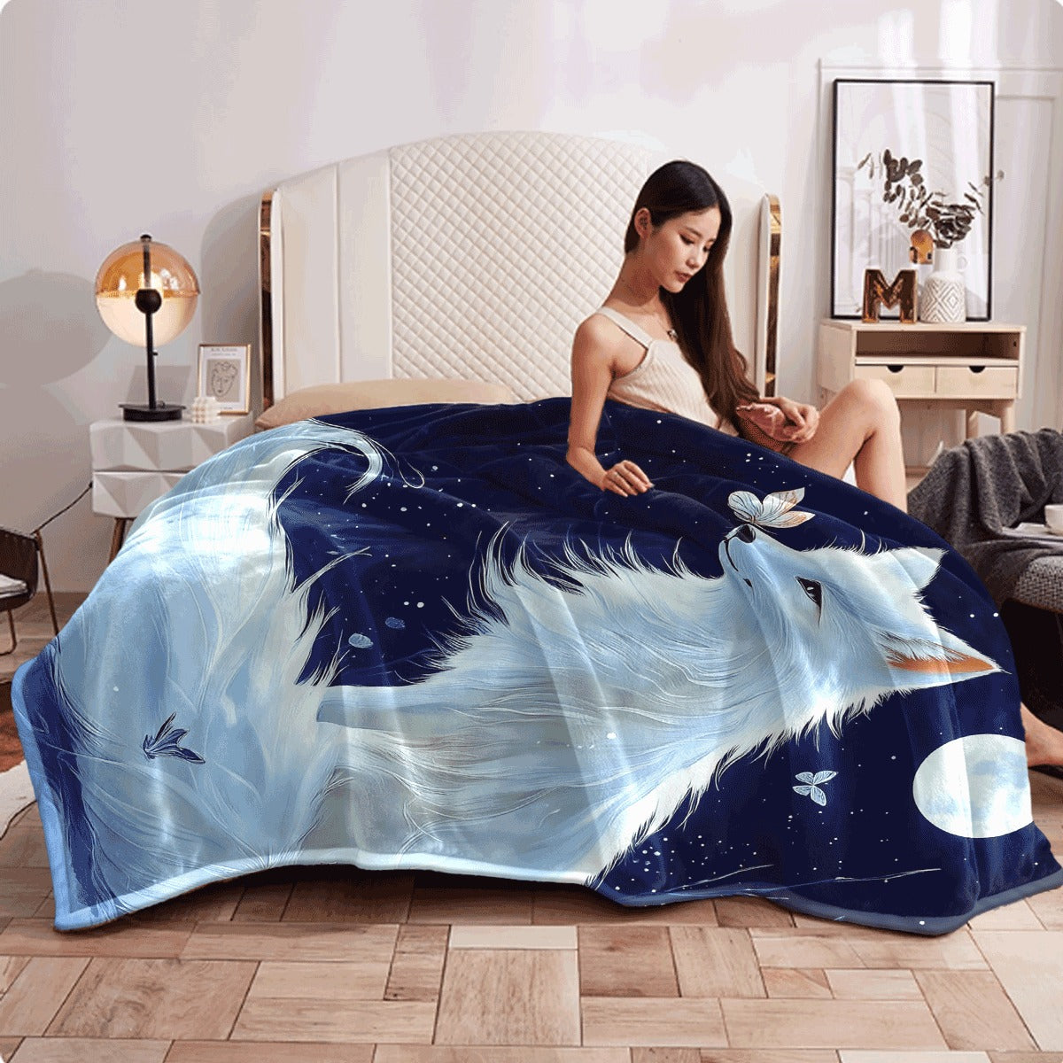 1pc White Fox Under Moon Blanket Luxurious Flannel Winter Warmth Soft Lightweight All-Season Throw with White Fox & Snowflake Night Sky Print (Dark Blue Navy) for Sofa Camping Magical