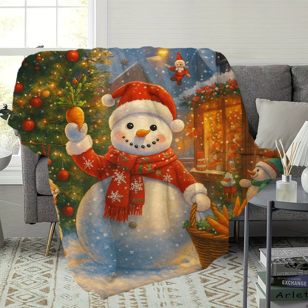 1pc of Flannel Blanket Featuring a Snowman Holding a Carrot and a Christmas Tree, Designed in a Warm Reddish-brown Tone. This Durable, Plush Throw Provides Warmth and Is Suitable for Reading Time, Weekend Naps on the Sofa, and Seasonal Home Use