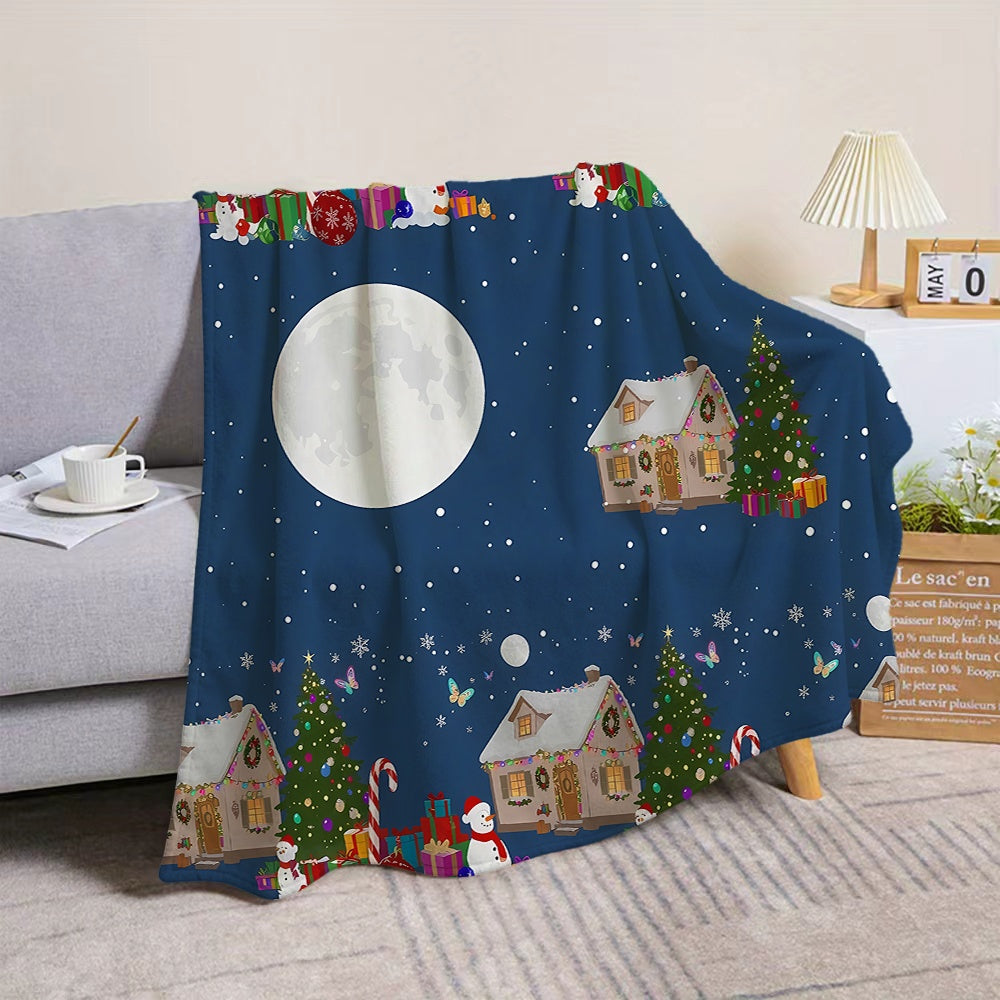 1pc Christmas Night Scenery Snow House Moon Flannel Blanket, Soft Comfortable Warm, Dark Blue Design, All-Season Blanket, Warm Cover, Multiple Sizes Available, Suitable for Living Room Sofa, Bedroom, Reading Corner, Holiday Decor