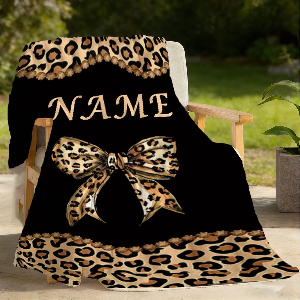 Personalized Custom Name Blanket, Leopard Print Bow-Tail Fleece Blanket, Gift for Outdoor Enthusiasts, All-Season Gift Blanket, Suitable for Home And Travel, Comfortable Personalized Blanket, Ideal Holiday Gift for Family And Friends