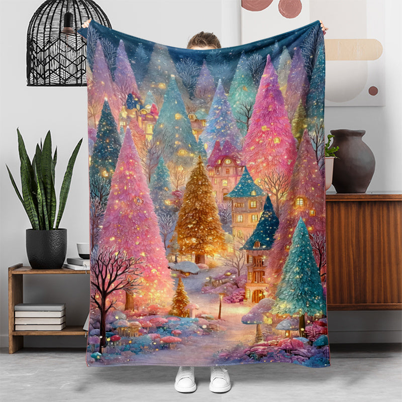 1pc Christmas Night View Blanket, Dreamy Snowscape Printed Design, Body Cover Blanket, Soft Fleece Plush Surface, Lightweight And Durable, Multiple Sizes Available, Suitable for Holiday Decor, Living Room Leisure, Bedroom Warmth, Study Reading