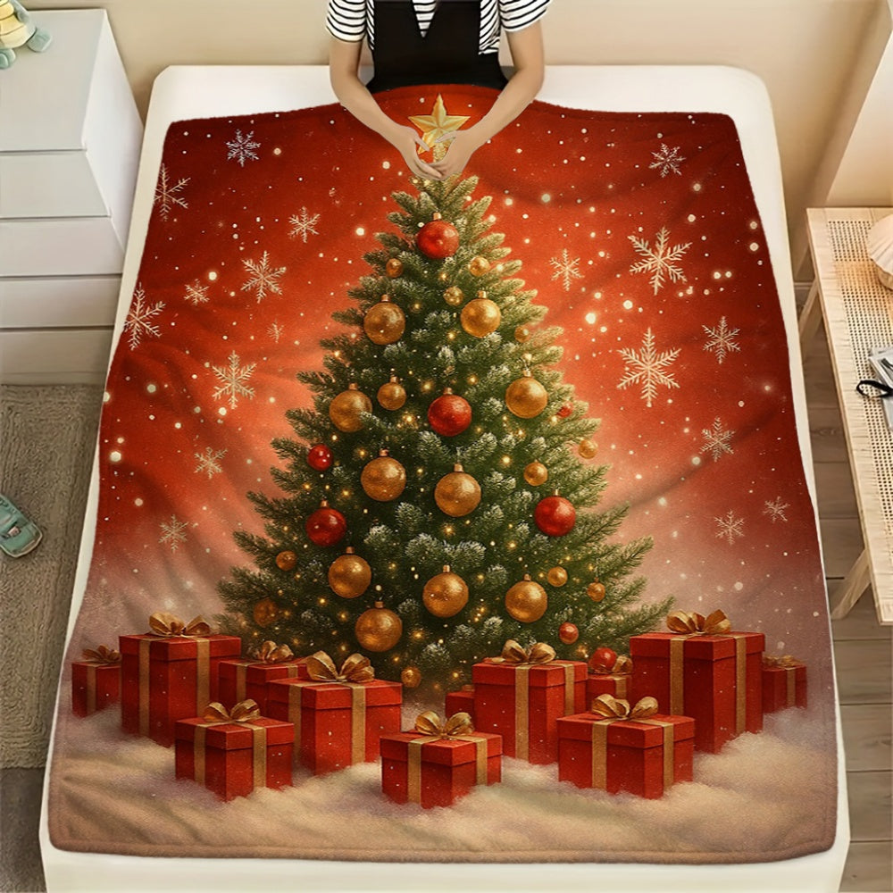 1pc Christmas Red Pine Tree And Gift Box Pattern Flannel Blanket, Festive Warm Decor Design, Soft Plush All-Season Use, Suitable for Weekend Sofa Naps, Home Leisure, And Entertainment