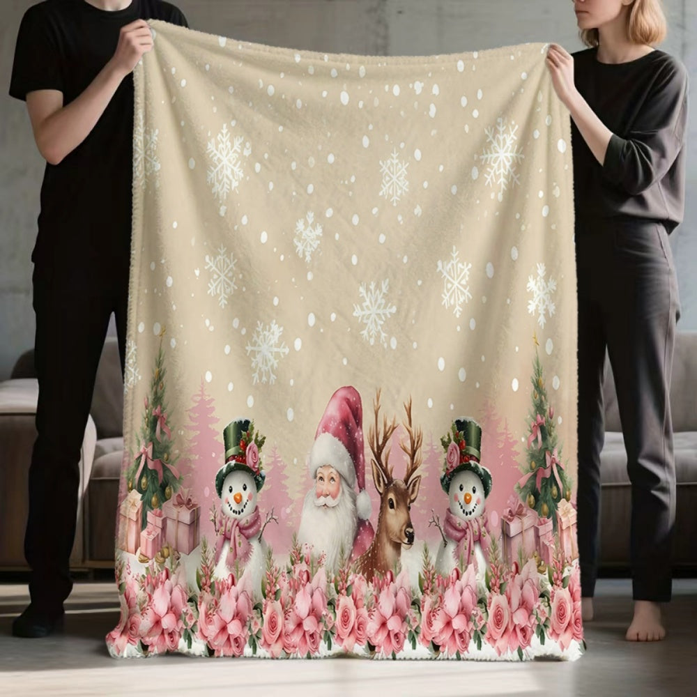 Christmas Snowman And Reindeer Pattern Pink Snowflake Fleece Blanket, Soft Comfortable Warm, Cream-Colored Design, Durable Plush, All-Season Sofa Blanket, Warm Cover, Multiple Sizes Available, Suitable for Living Room Sofa, Bedroom