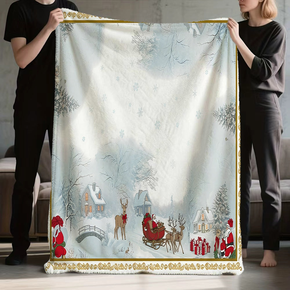 Christmas Snow Scene with Reindeer and Santa Claus Pulling a Sleigh Pattern, Flannel Blanket with a White and Light Blue Gradient Design, Soft, Comfortable, and Warm, a Four-season Universal Sofa Throw, a Cozy Lap Blanket, Suitable for Living Room