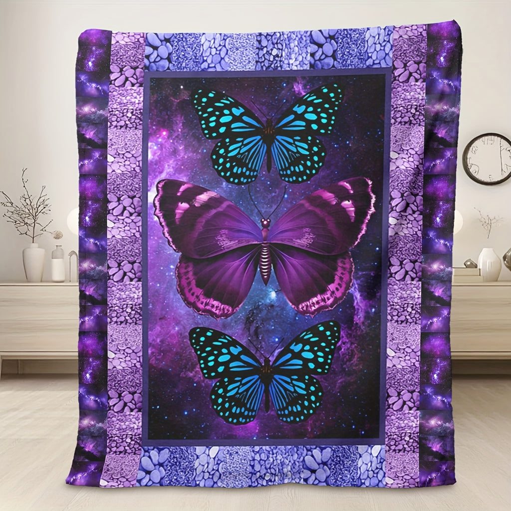 Purple Butterfly Flannel Blanket- Modern Style Reversible Digital Print Animal Theme, Suitable for All Seasons, Multifunctional Microfiber Bedding, Machine Washable- Moon Palace