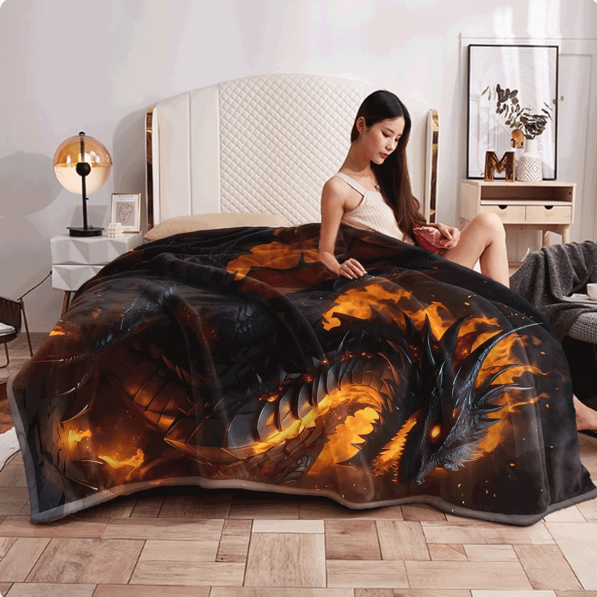 1pc Bohemian Style Dragon Print Flannel Throw Blanket All-Season Soft Cozy Quilted Throw for Sofa & Room Multipurpose Digital HD Printed Anime Theme Polyester Blanket with Fire Dragon Design