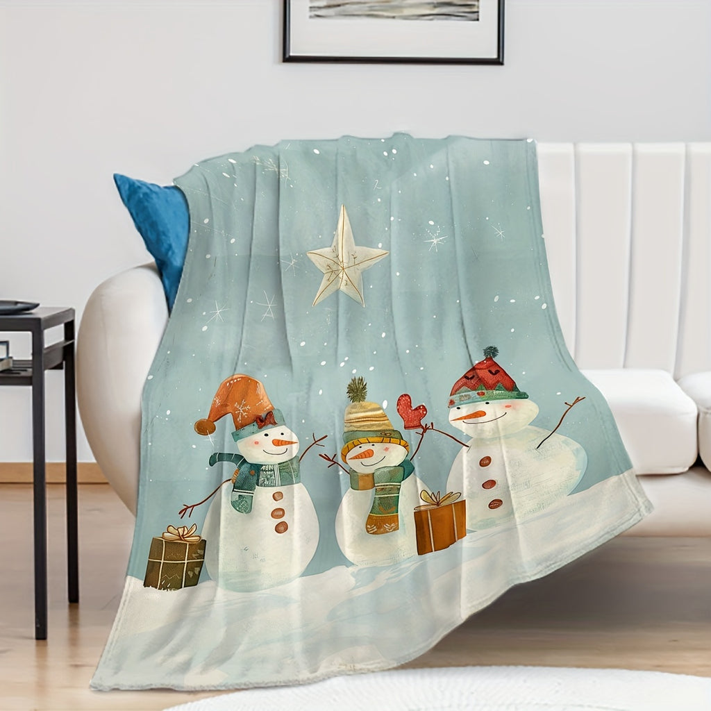 1pc Snowman And Gift Box Christmas Theme Blue Flannel Oversized Blanket, Winter Decor Design, Large Plush Throw, Suitable for Home Nap, Movie Entertainment Time, Weekend Sofa Relaxation