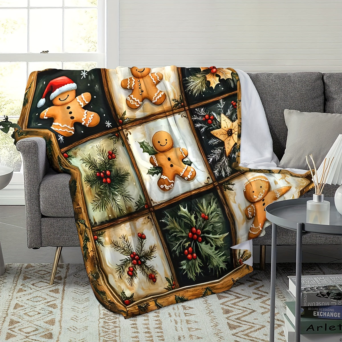 Holiday Christmas Blanket - Vintage Gingerbread Man, Teddy Bear, And Gift Plaid Flannel Blanket - Suitable for All Seasons, Warm, Soft, Comfortable, Modern Style, Digitally Printed, 100% Polyester, 200-250G Per Square Meter