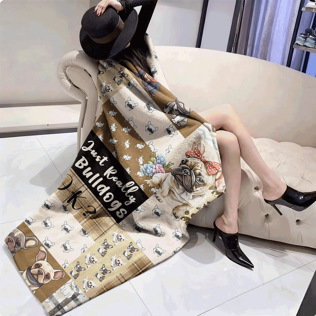 1pc Flannel Blanket with French Bulldog Pattern Soft and Comfortable Patchwork Design Multicolor Decorative Throw for Sofa and Room