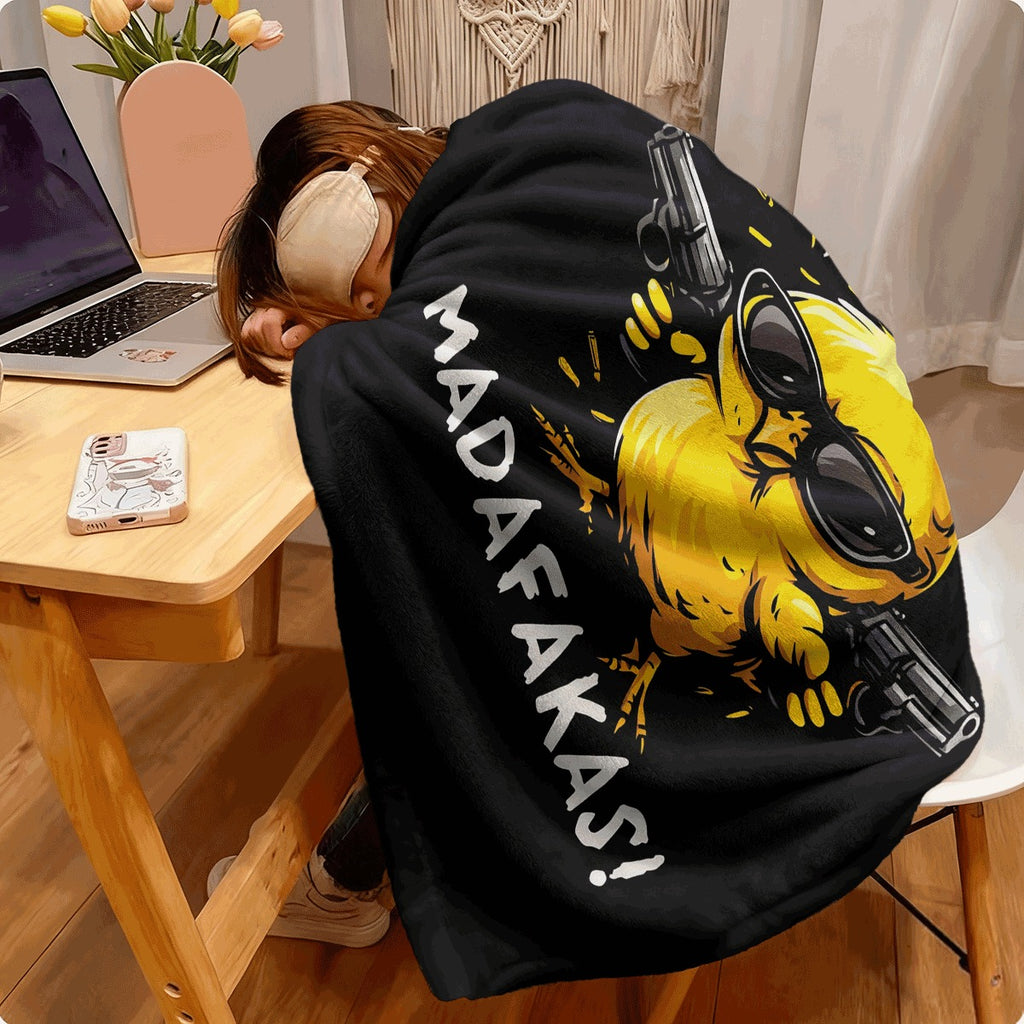 A Single Soft Polyester Throw Showcasing a Yellow Chick with Glasses And Guns, Ideal for Any Season, Adaptable for Multiple Purposes, Perfect for Birthdays, Celebrations, And Home Decor
