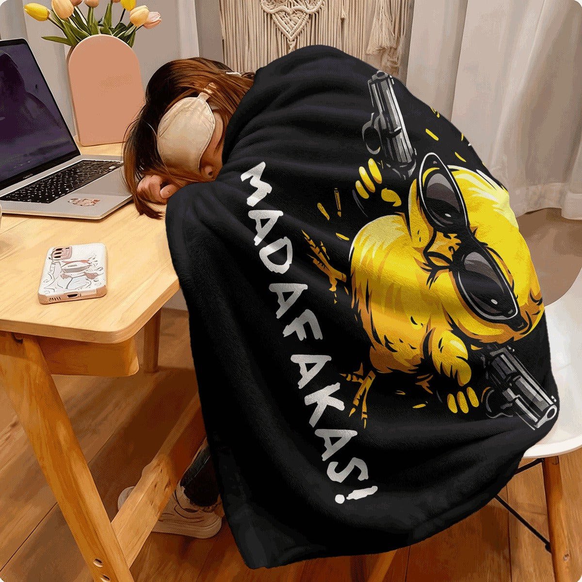 A Single Soft Polyester Throw Showcasing a Yellow Chick with Glasses And Guns, Ideal for Any Season, Adaptable for Multiple Purposes, Perfect for Birthdays, Celebrations, And Home Decor